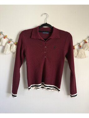 Polo Ralph Lauren Ribbed Knit Polo Logo Long Sleeve Top Burgundy Sporty Preppy S